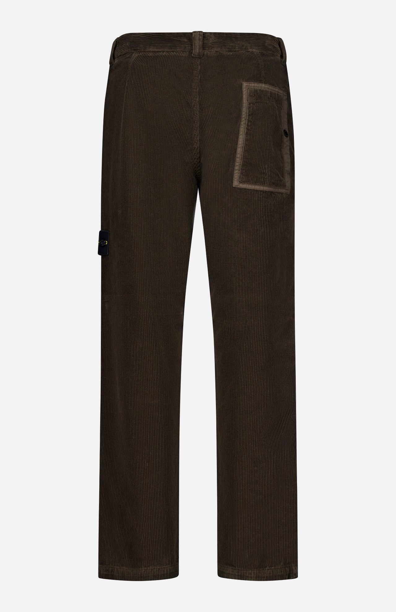 Back view of STONE ISLAND Regular-Fit Corduroy Trouser Pants in brown, featuring a right patch pocket, waistband belt loop, and side black label—a stylish pick for men’s designer sportswear fans.