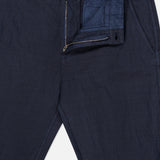 Close-up of navy blue Stone Island Regular-Fit Trousers featuring a zippered fly and button closure.