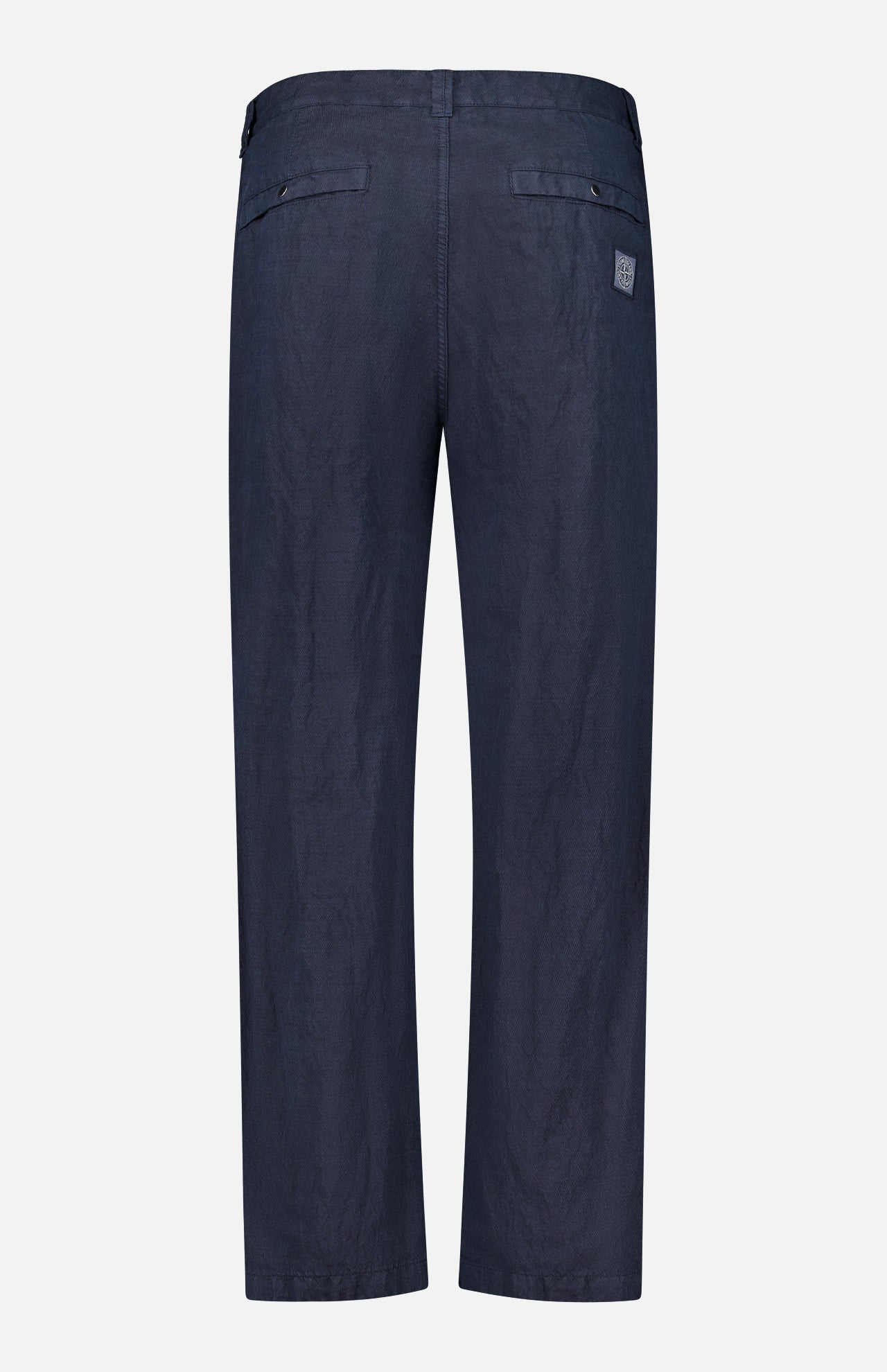 Back view of navy Stone Island Regular-Fit Trousers in a regular fit with a small square logo patch on the back pocket.