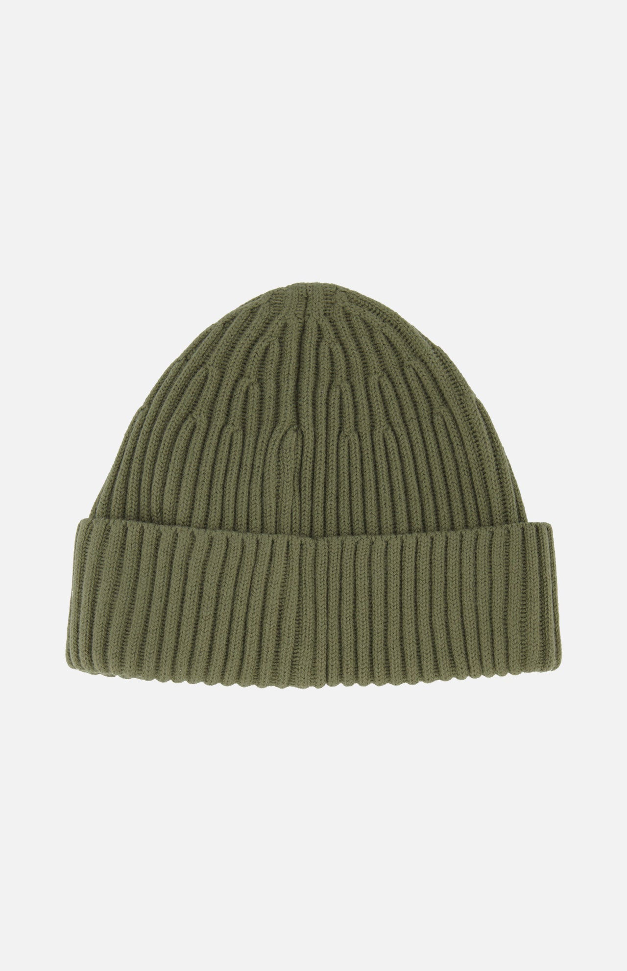 A STONE ISLAND Ribbed Wool Beanie in military green, featuring a folded brim, is shown against a white background.