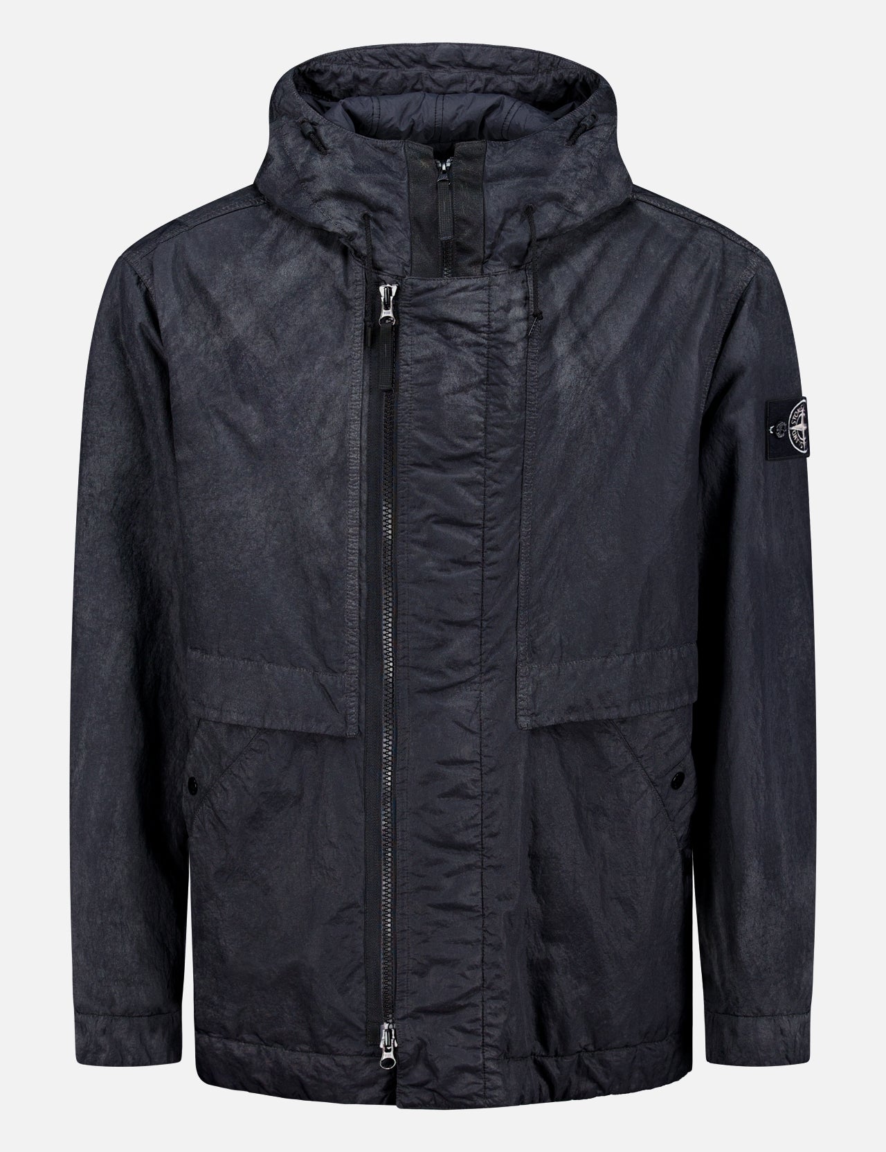 The STONE ISLAND Short Reflective Marbled Parka is a black hooded streetwear jacket with a front zipper, chest and pocket flap covers, plus a small patch logo on the upper left sleeve, shown on a plain white background.