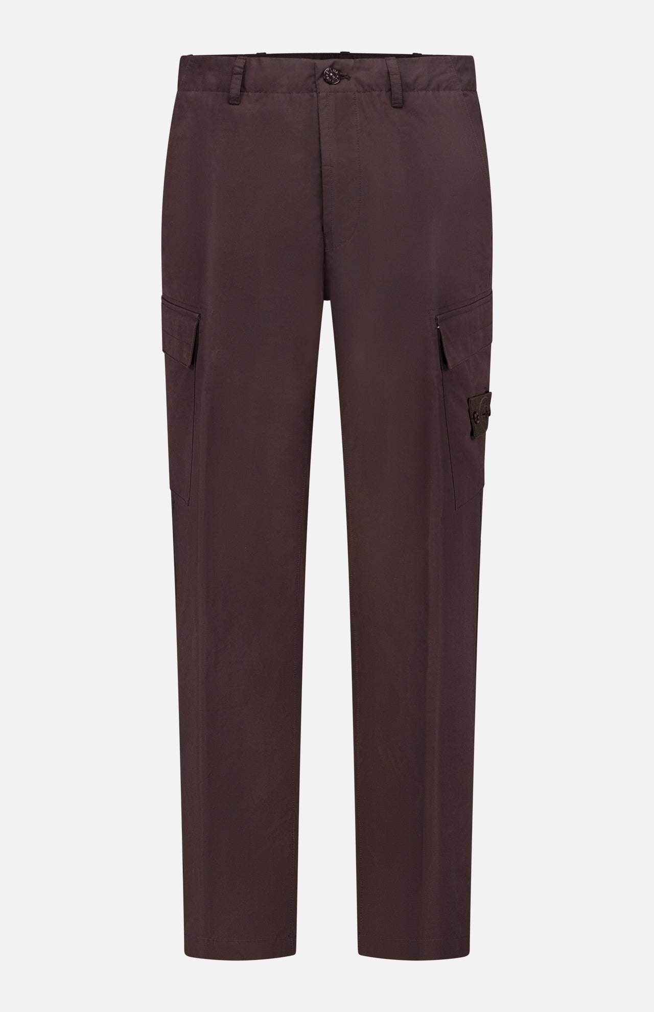 The STONE ISLAND Waterproof Cotton Cargo Trouser features a straight-leg fit, belt loops, button and zip closure, and large side flap pockets for utilitarian style. Displayed against a white background.