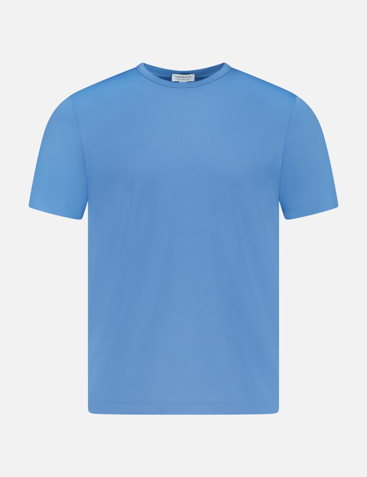 The SUNSPEL Classic Short Sleeve T-shirt in light blue cotton features a crew neckline and is displayed on a white background. Made in England.