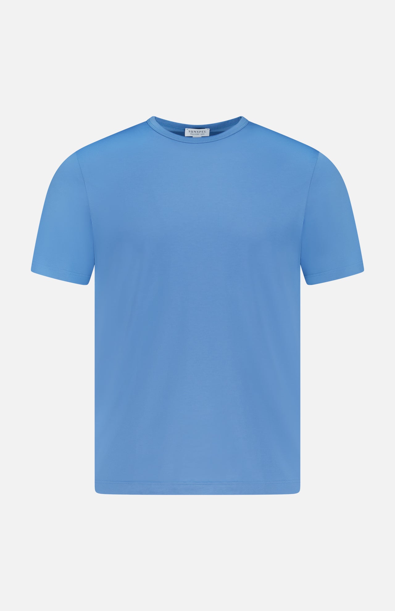 The SUNSPEL Classic Short Sleeve T-shirt in light blue cotton features a crew neckline and is displayed on a white background. Made in England.