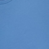 A close-up of the SUNSPEL Classic Short Sleeve T-shirt in blue highlights the crew neck collar and a white label displaying sizing and brand details in the upper left corner.