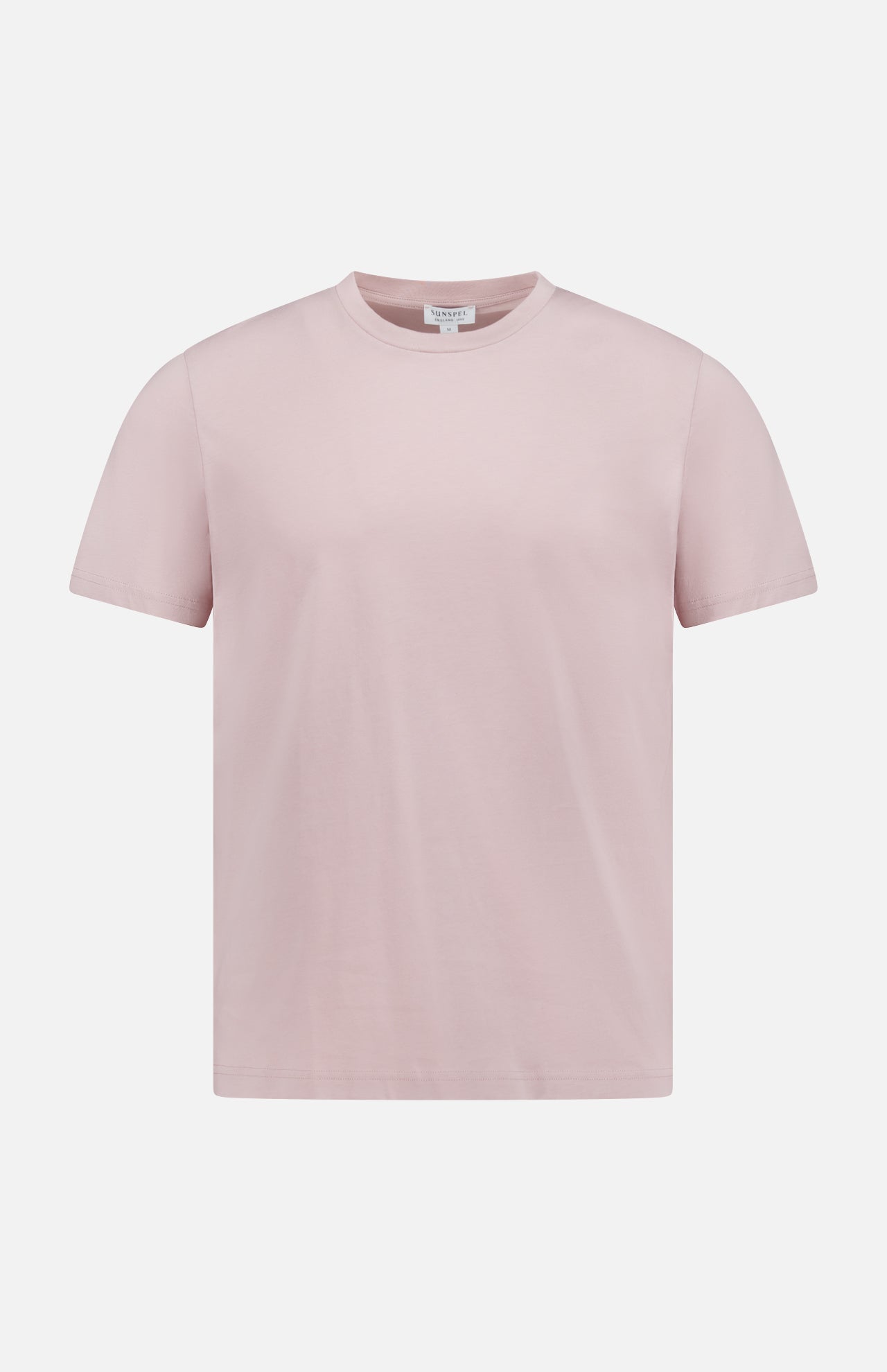 The SUNSPEL Classic Short Sleeve T-Shirt in pale pink is made from 100% cotton, features a crew neckline, short sleeves, and is shown on a white background with no visible logos or designs.