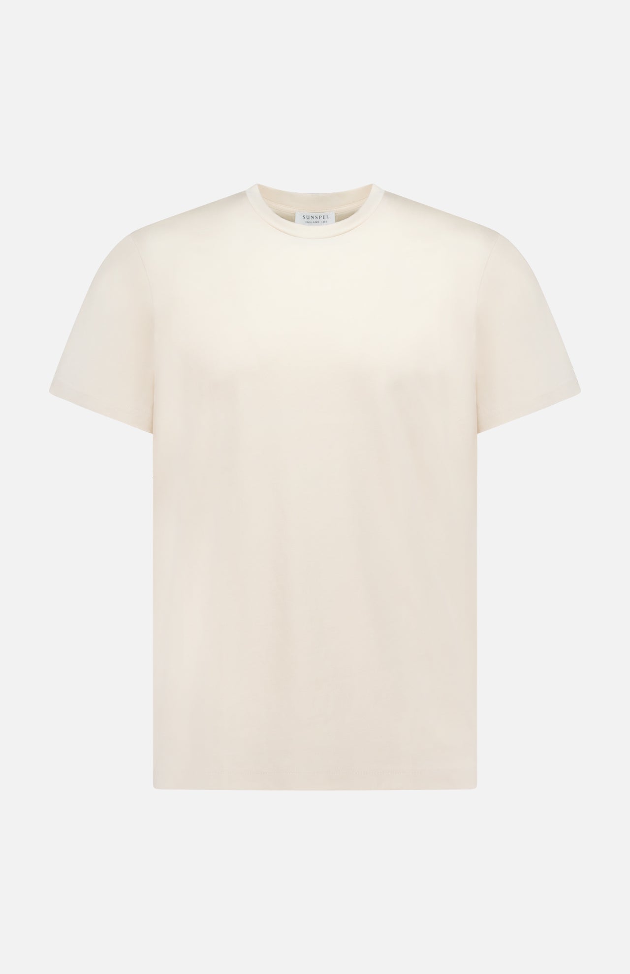 The SUNSPEL Classic Short Sleeve T-Shirt, made in Portugal from cotton, features a crew neck and comes in off-white or cream. Displayed against a white background.