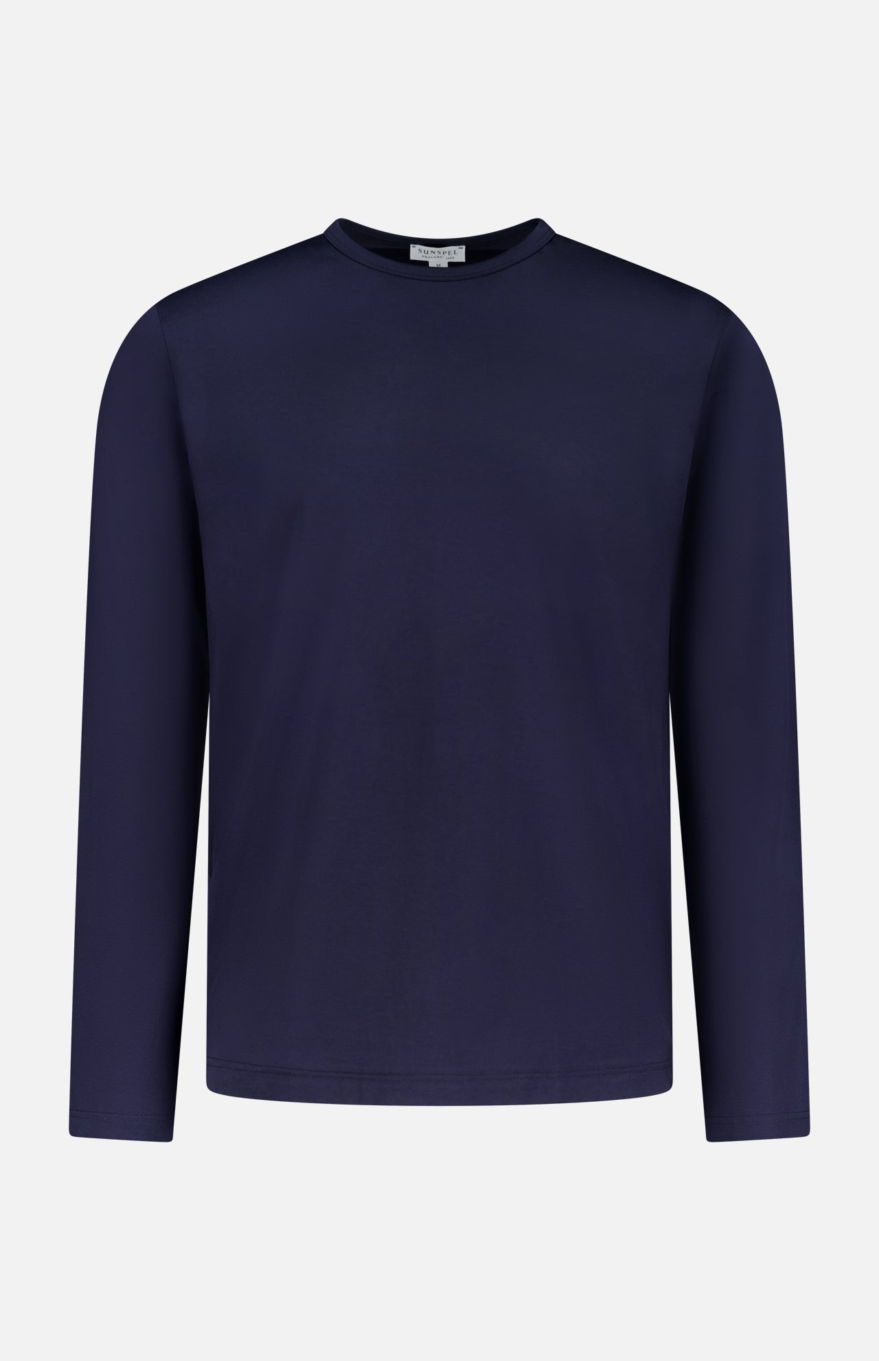 The SUNSPEL Long Sleeve Classic T-Shirt, crafted from 100% cotton in navy, is shown against a white background.