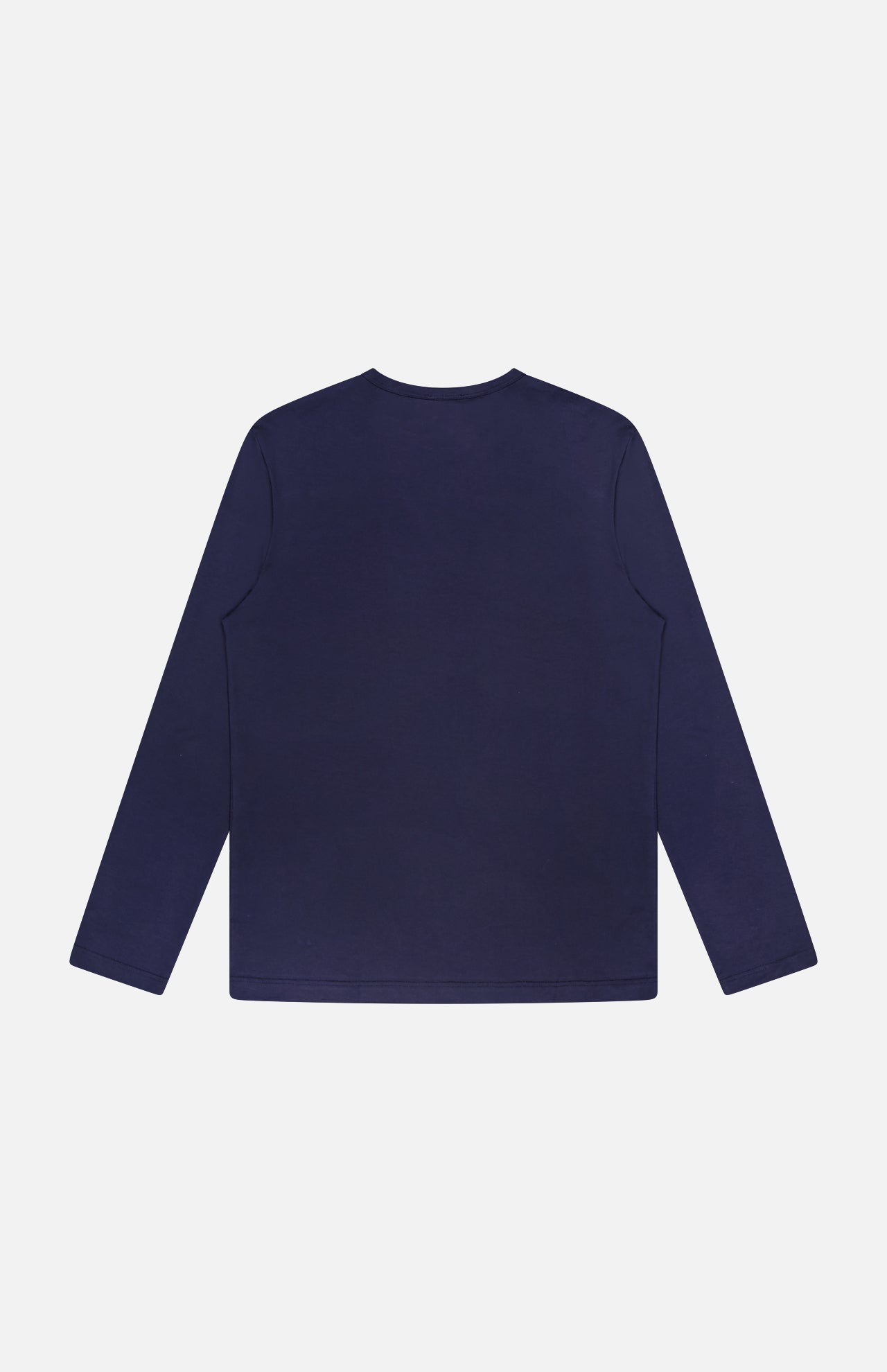 The SUNSPEL Long Sleeve Classic T-Shirt in plain navy, made from 100% cotton, is displayed from the back with long sleeves, laid flat on a white background.