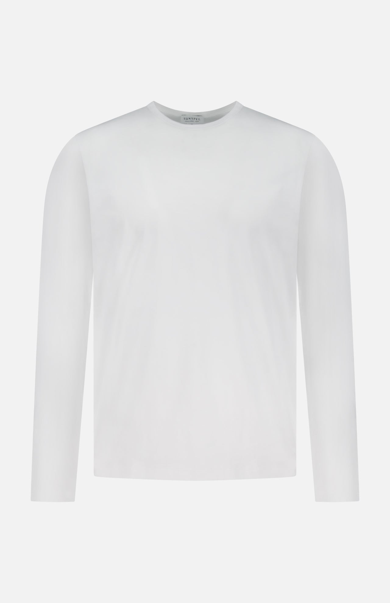 The SUNSPEL Long Sleeve Classic T-Shirt, crafted from white cotton in England, is shown against a light gray background.