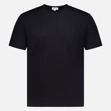 The SUNSPEL Short Sleeve Classic Crewneck T-Shirt is a plain black, 100% cotton tee with a crew neckline and classic fit, shown on a white background.