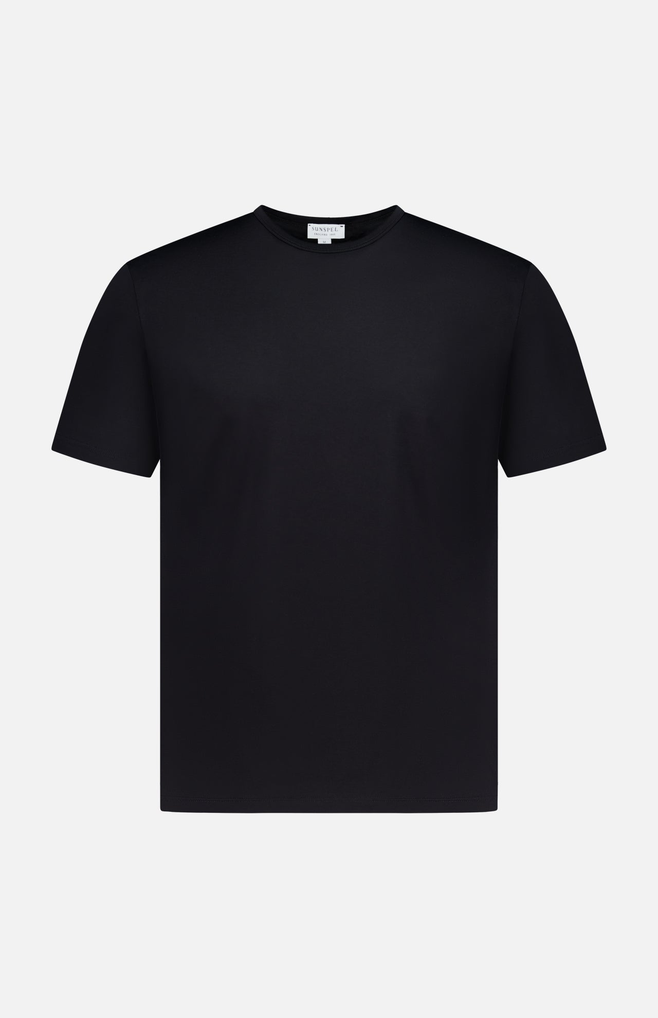 The SUNSPEL Short Sleeve Classic Crewneck T-Shirt is a plain black, 100% cotton tee with a crew neckline and classic fit, shown on a white background.