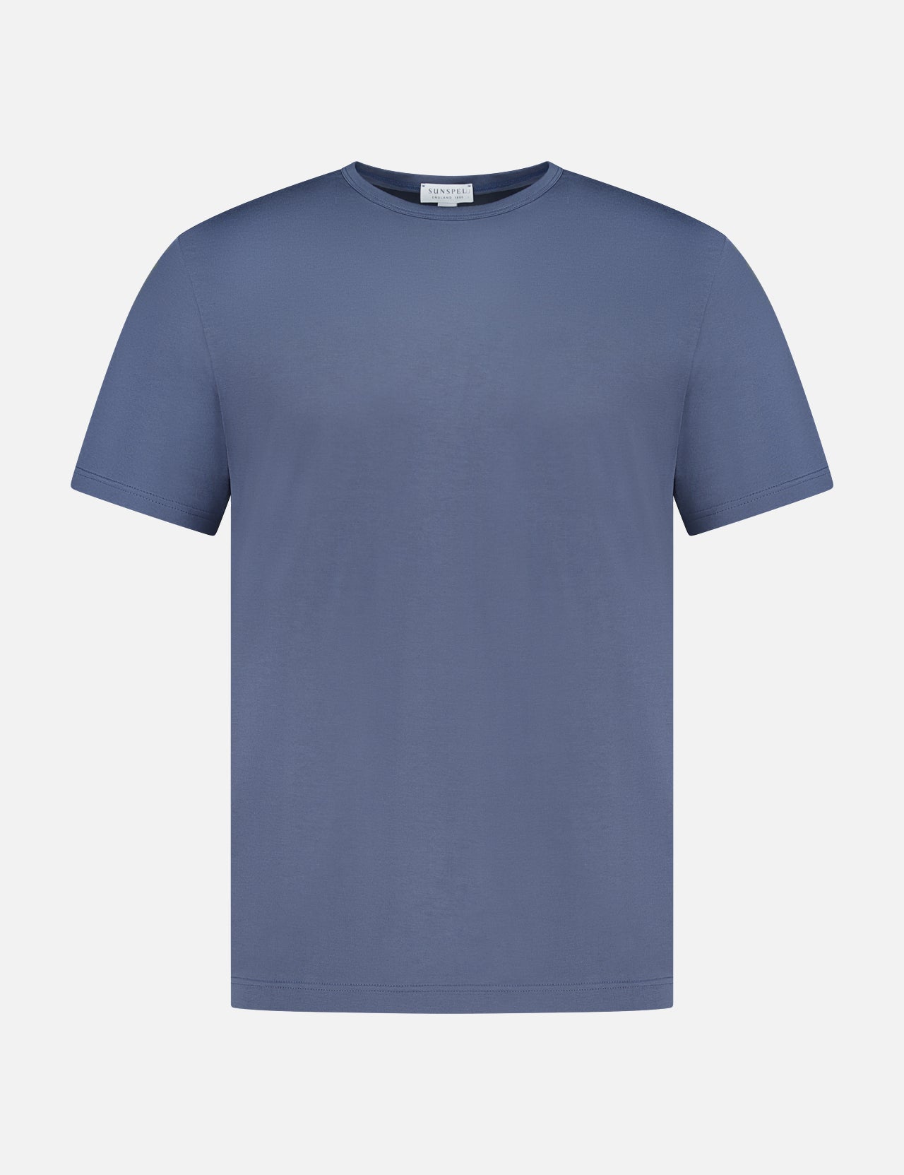SUNSPEL Short Sleeve Classic T-Shirt in plain blue cotton, smooth fabric, made in England, shown front-facing on a white background.