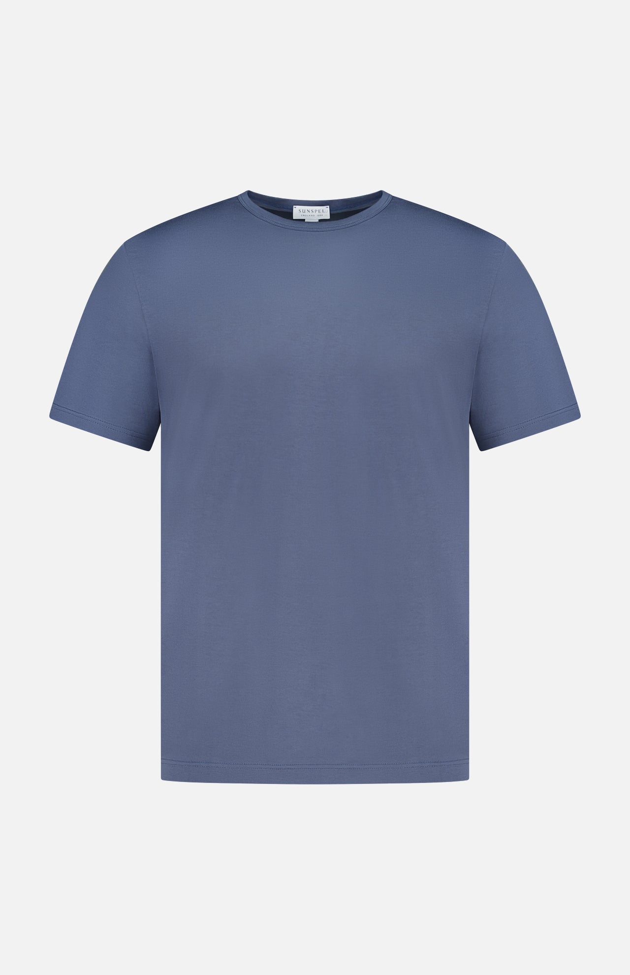 SUNSPEL Short Sleeve Classic T-Shirt in plain blue cotton, smooth fabric, made in England, shown front-facing on a white background.