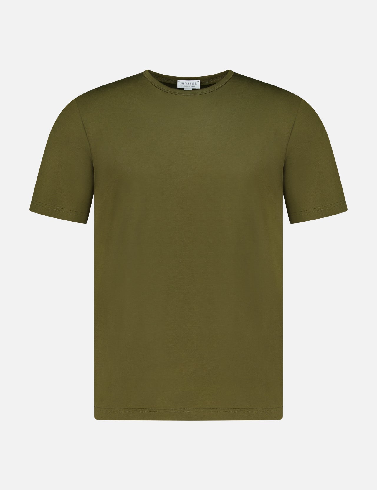 The SUNSPEL Short Sleeve Classic T-Shirt, crafted in England from 100% cotton in plain dark green, is displayed on a white background.