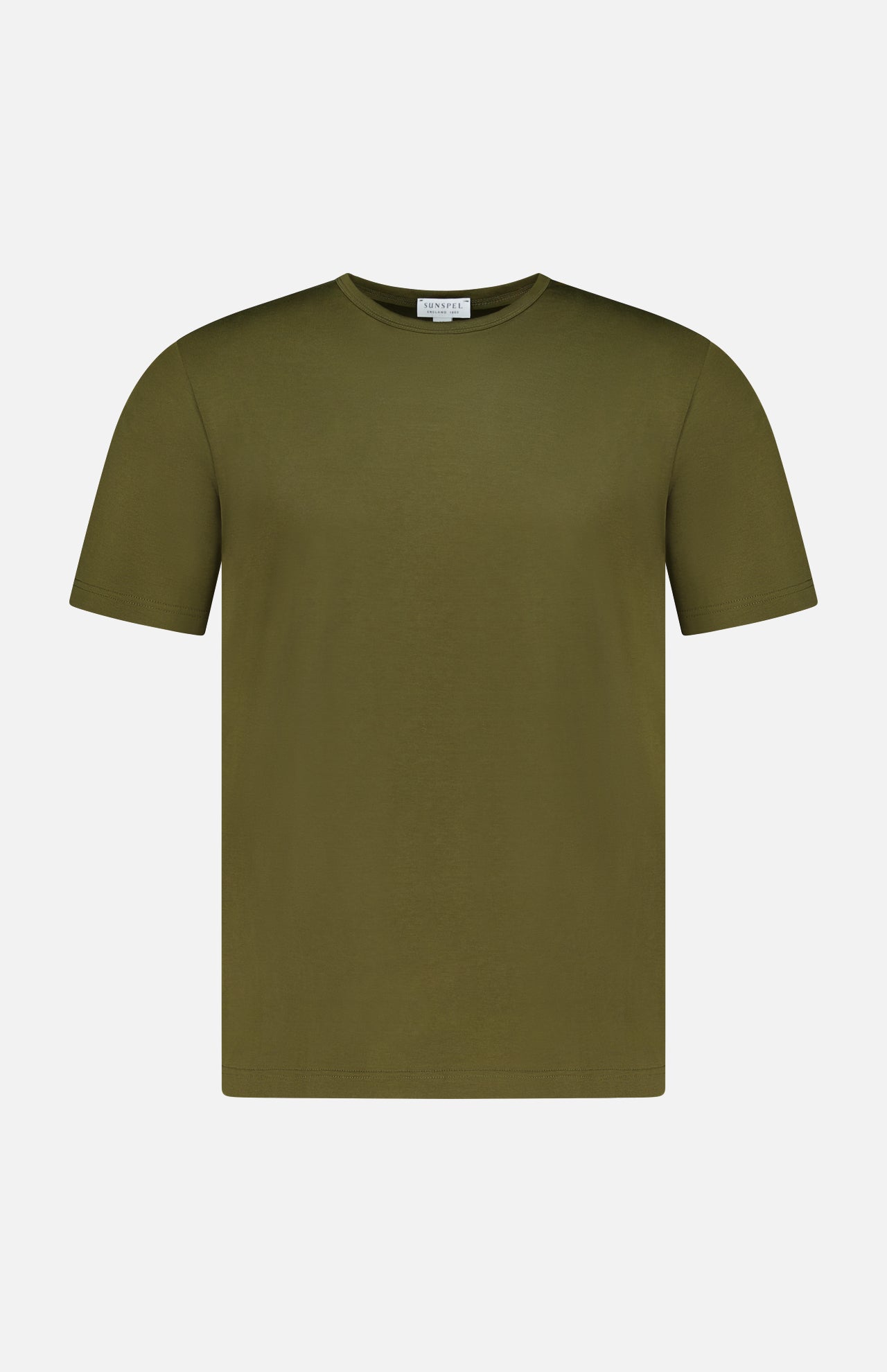 The SUNSPEL Short Sleeve Classic T-Shirt, crafted in England from 100% cotton in plain dark green, is displayed on a white background.
