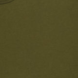 A close-up of the SUNSPEL Short Sleeve Classic T-Shirt in olive green, crafted from 100% cotton, highlighting the collar and finely stitched neckline. The soft, smooth fabric is showcased, and a small white tag with text is visible near the top left corner.