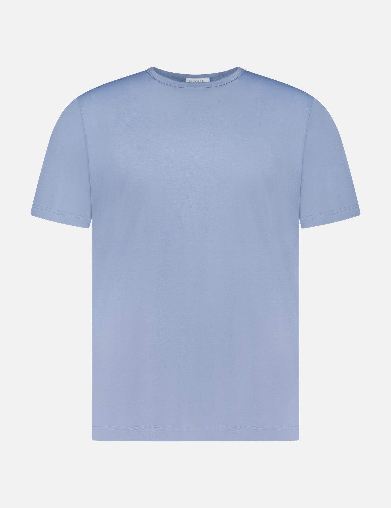 The SUNSPEL Short Sleeve Classic T-Shirt is presented against a white background. Crafted in England from light blue cotton, this plain tee delivers timeless style and comfort.