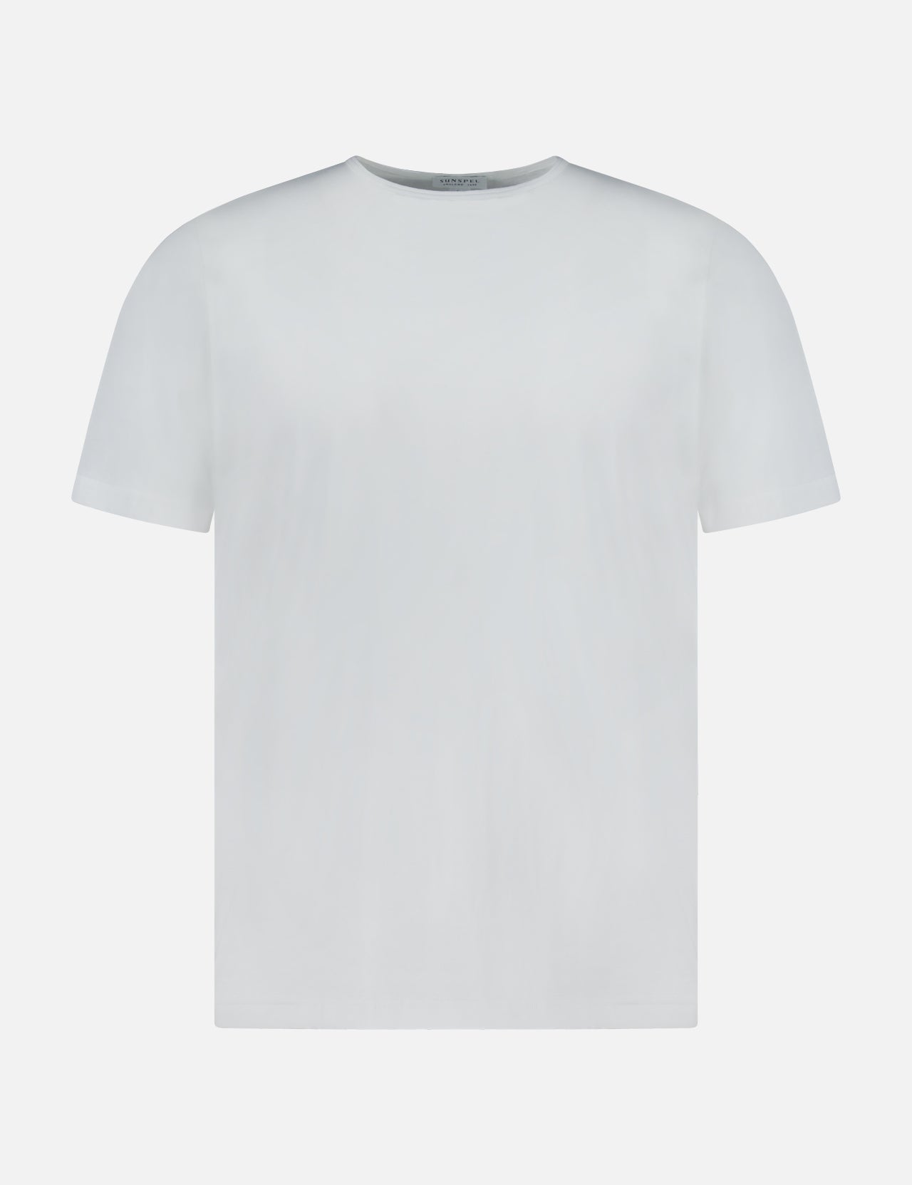 The Superfine Underwear T-Shirt by SUNSPEL is a plain white short-sleeve crew neck tee, crafted from soft long staple cotton and displayed against a white background.