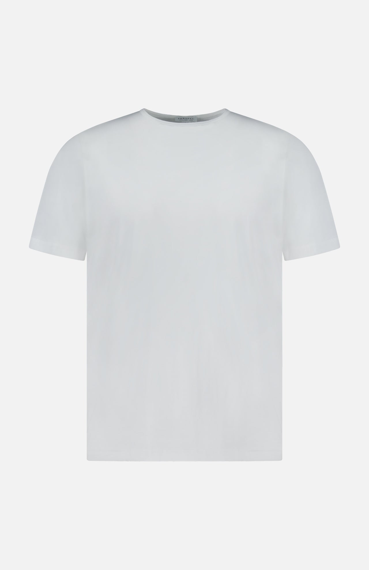 The Superfine Underwear T-Shirt by SUNSPEL is a plain white short-sleeve crew neck tee, crafted from soft long staple cotton and displayed against a white background.
