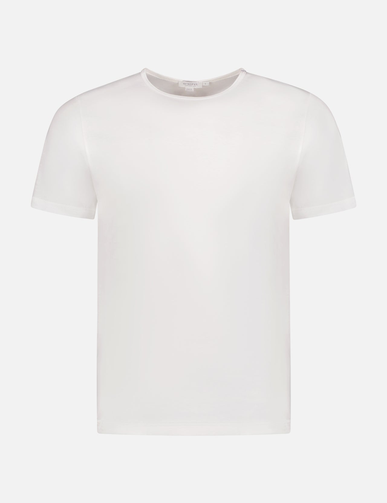 The SUNSPEL Short Sleeve Crew Neck Tee White, made from soft long staple cotton, is shown front-facing on a white background. This men’s loungewear essential features a plain design with no visible logos or patterns.