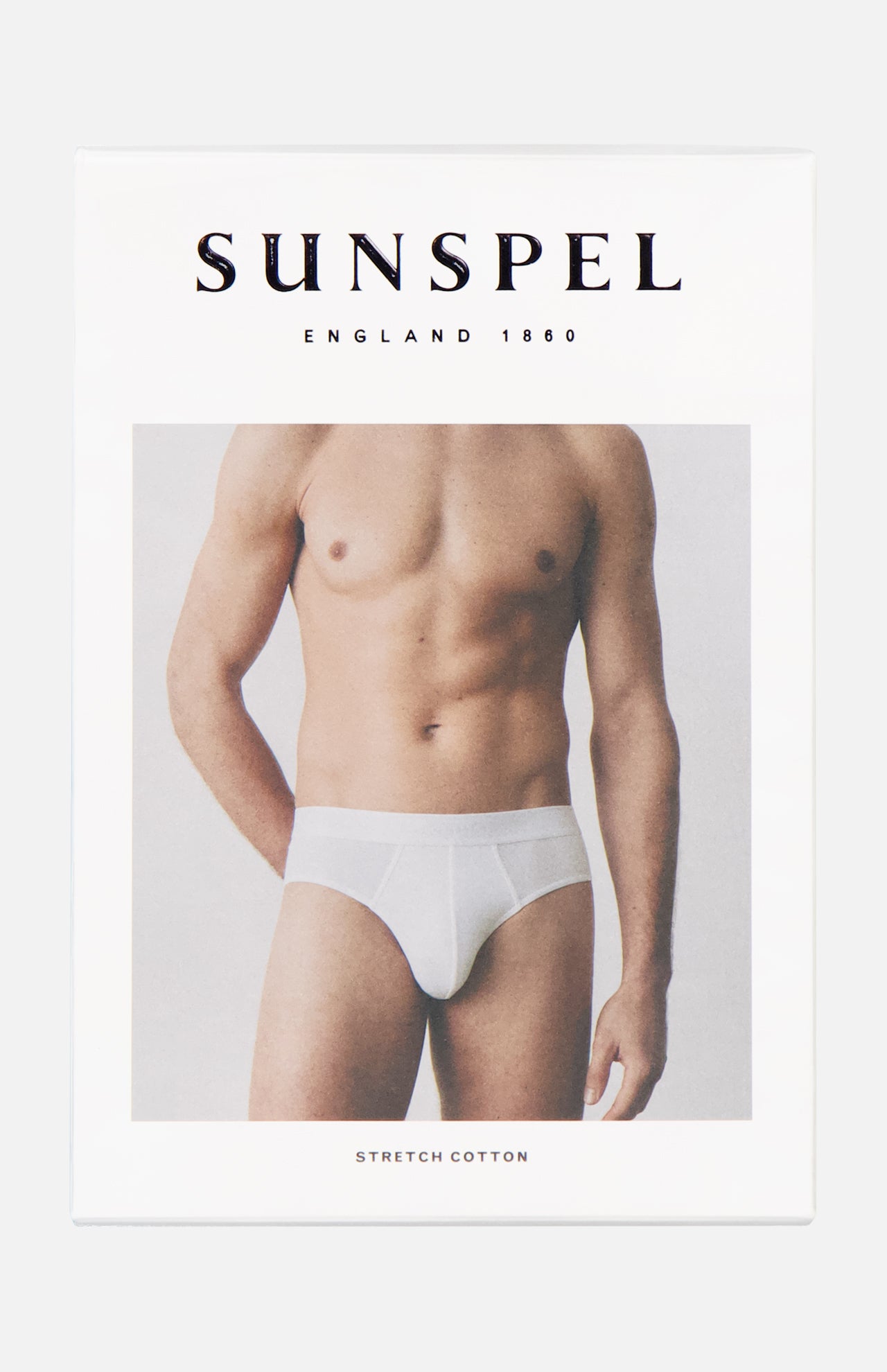 A product box displays a photo of a man wearing Superfine Brief men's underwear (from mid-thigh to neck). The brand SUNSPEL and "England 1860" appear above the image; "Stretch Cotton" is written below.