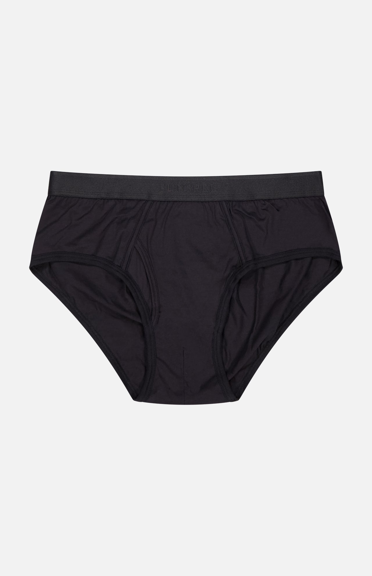 The SUNSPEL Superfine Brief is a pair of lightweight black men's underwear with an elastic waistband, made from superfine cotton for comfort and shown flat on a white background.