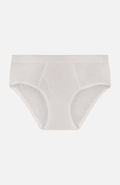 The SUNSPEL Superfine Brief is a men's plain white cotton brief, made from soft jersey with a low-rise waistband and reinforced stitching at the leg openings and front pouch, shown on a white background.