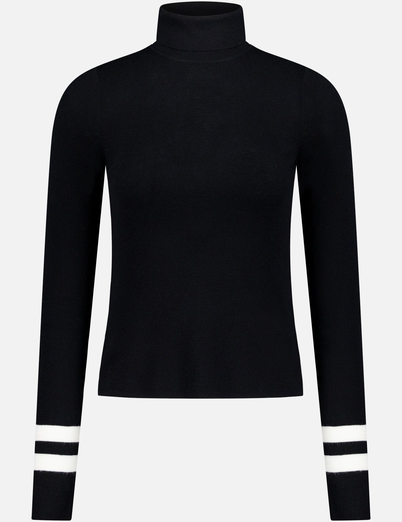 The WHITE + WARREN Superfine Merino Striped Fitted Turtleneck Top, shown on a white background, features two white stripes near the cuffs for a subtle sporty update to this classic black sweater.
