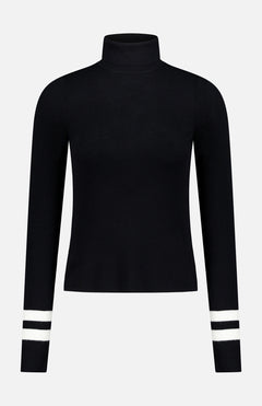 The WHITE + WARREN Superfine Merino Striped Fitted Turtleneck Top, shown on a white background, features two white stripes near the cuffs for a subtle sporty update to this classic black sweater.