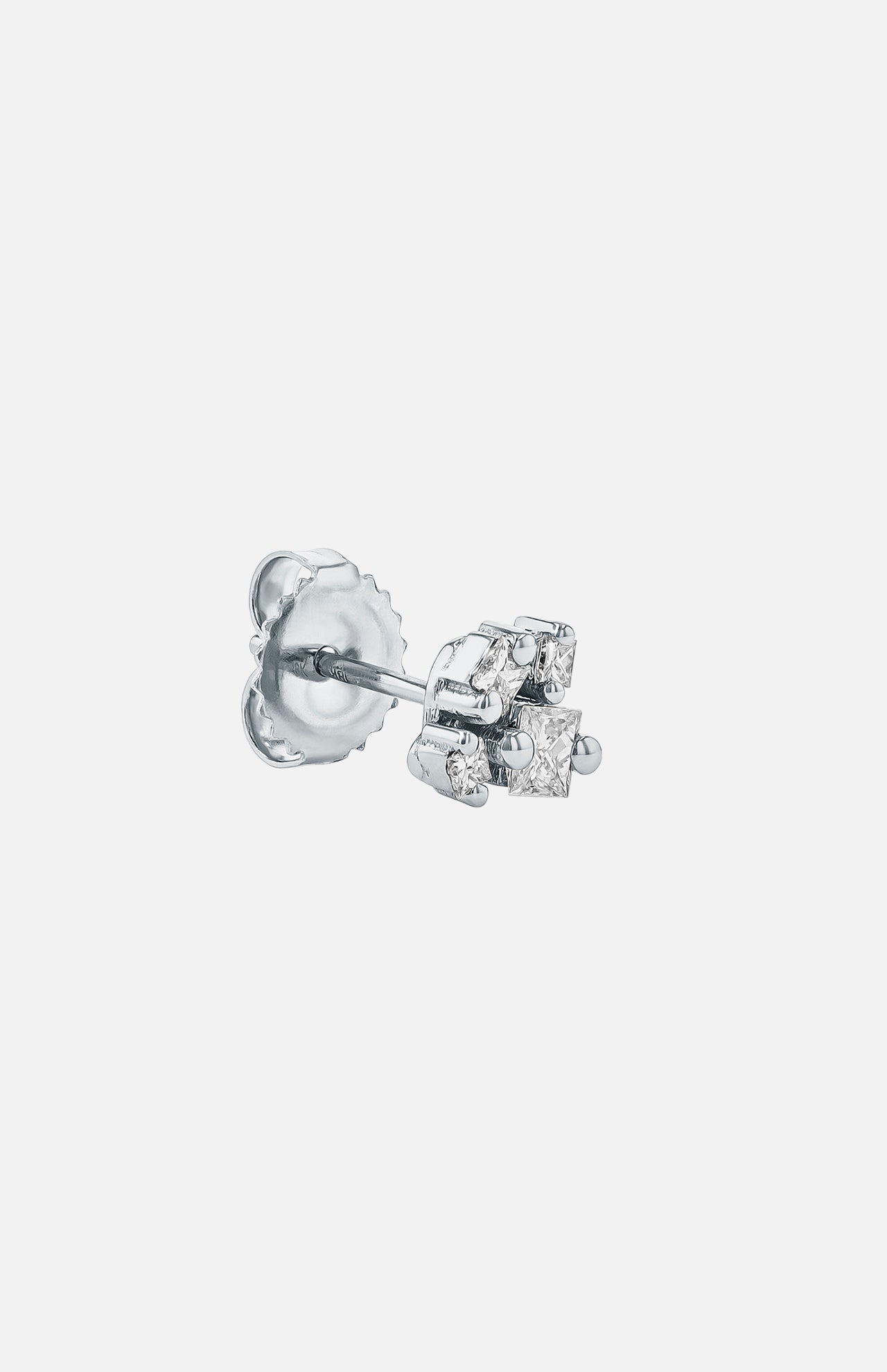 A single 18KW Princess Diamond Cluster Stud Earring by SUZANNE KALAN, featuring a butterfly backing, is displayed against a plain white background.