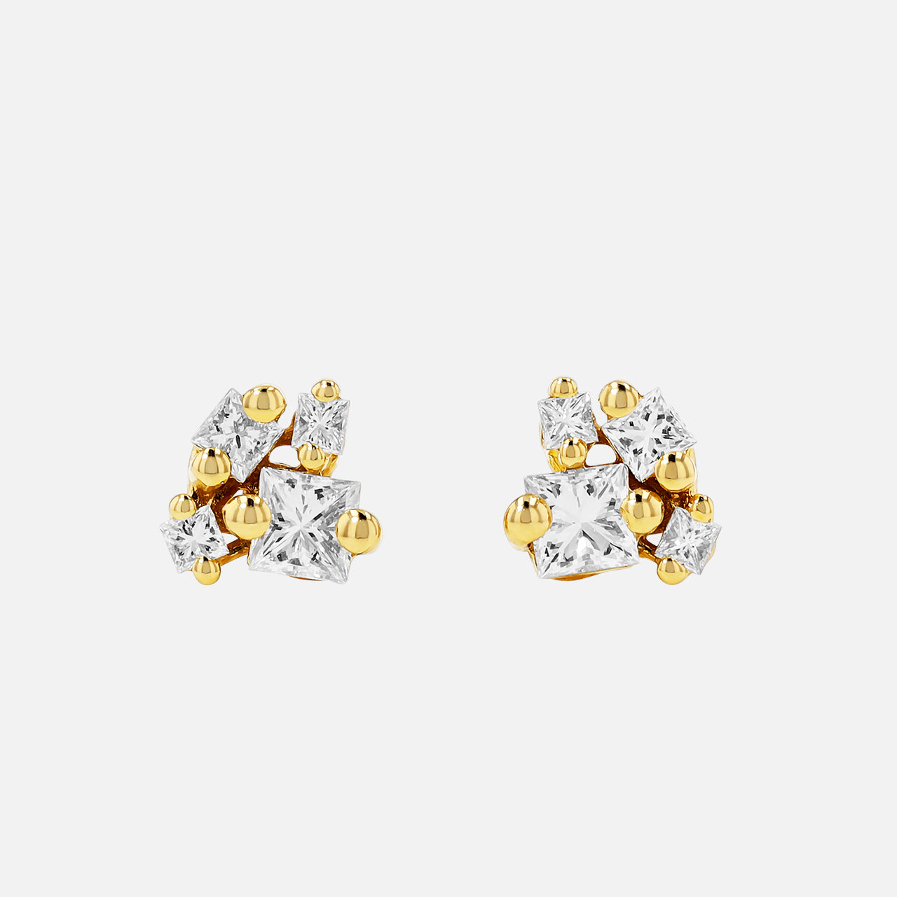 The SUZANNE KALAN 18KY Princess Diamond Cluster Stud Earrings feature clusters of sparkling diamonds set in yellow gold, displayed against a plain white background.