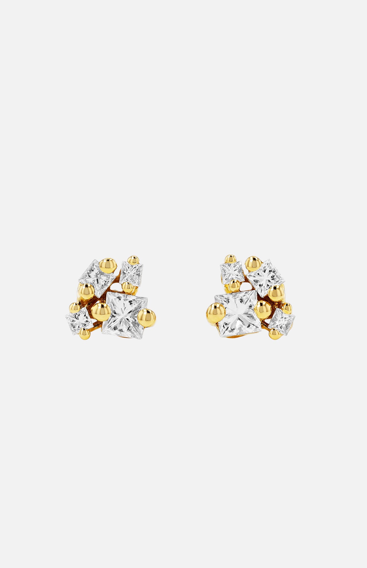 The SUZANNE KALAN 18KY Princess Diamond Cluster Stud Earrings feature clusters of sparkling diamonds set in yellow gold, displayed against a plain white background.