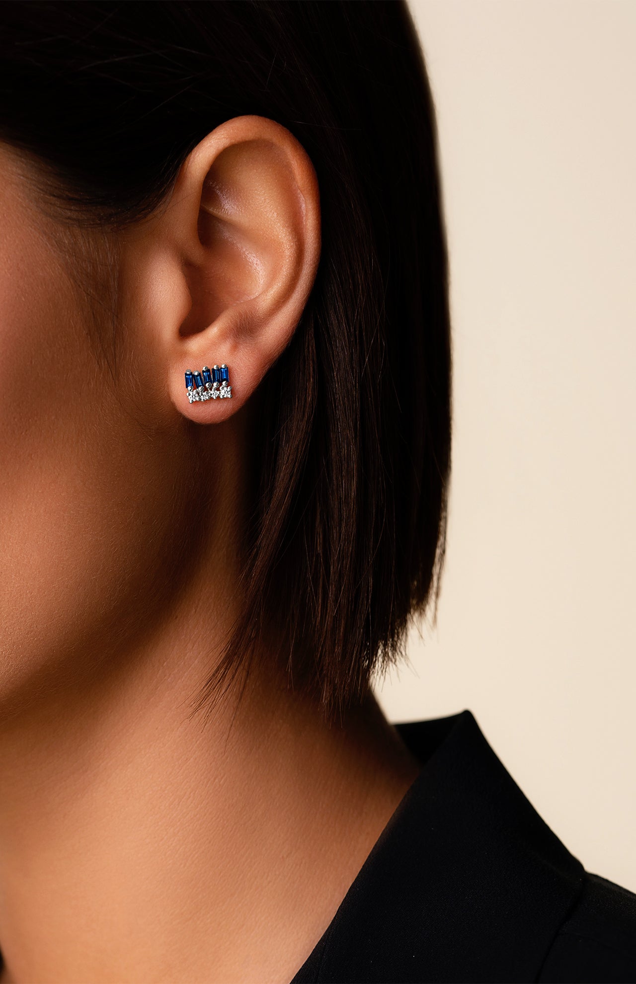 Dark Blue Sapphire Round White Diamond Earring (6976246120563)