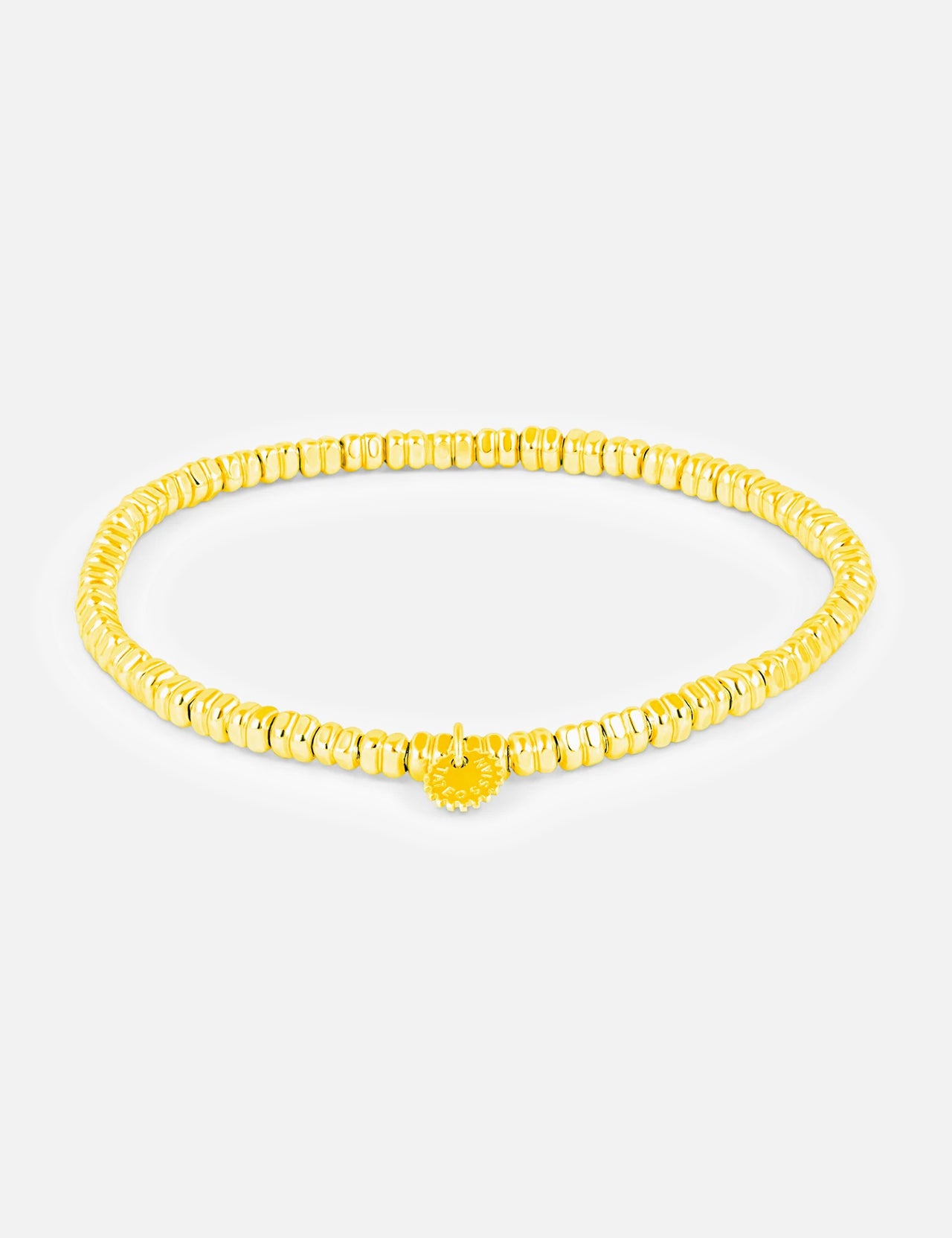 The TATEOSSIAN Santorini Gold-plated Bracelet features sterling silver, disc-shaped beads, and a central charm—Santorini-inspired elegance and timeless style showcased on a plain white background.