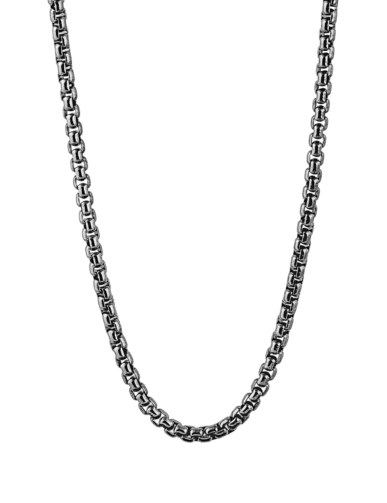 The TATEOSSIAN 4MM Classic Box Chain Necklace, crafted in sterling silver with interlocking rectangular links, is shown against a plain white background. The chain forms a gentle curve with both ends extending upward and out of view.
