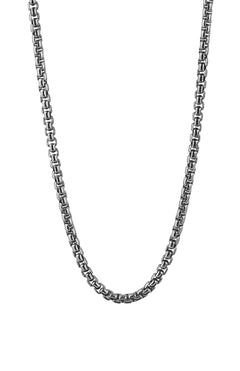 A close-up of the TATEOSSIAN Classic Box Chain Necklace, crafted in sterling silver with interlocking square links, displayed against a plain white background.