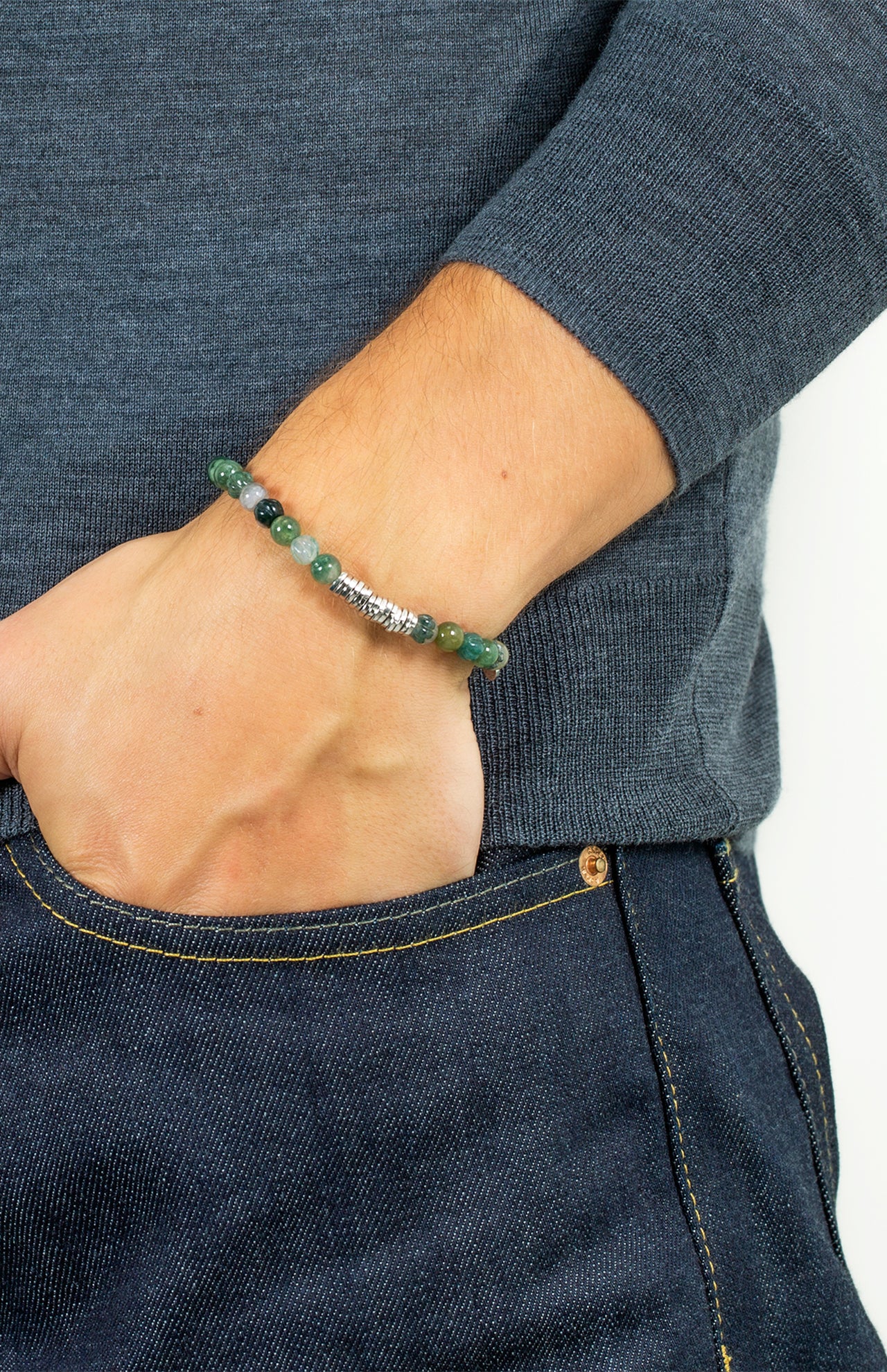 Classic Discs Beaded Bracelet Green Moss Agate (14621198385515)