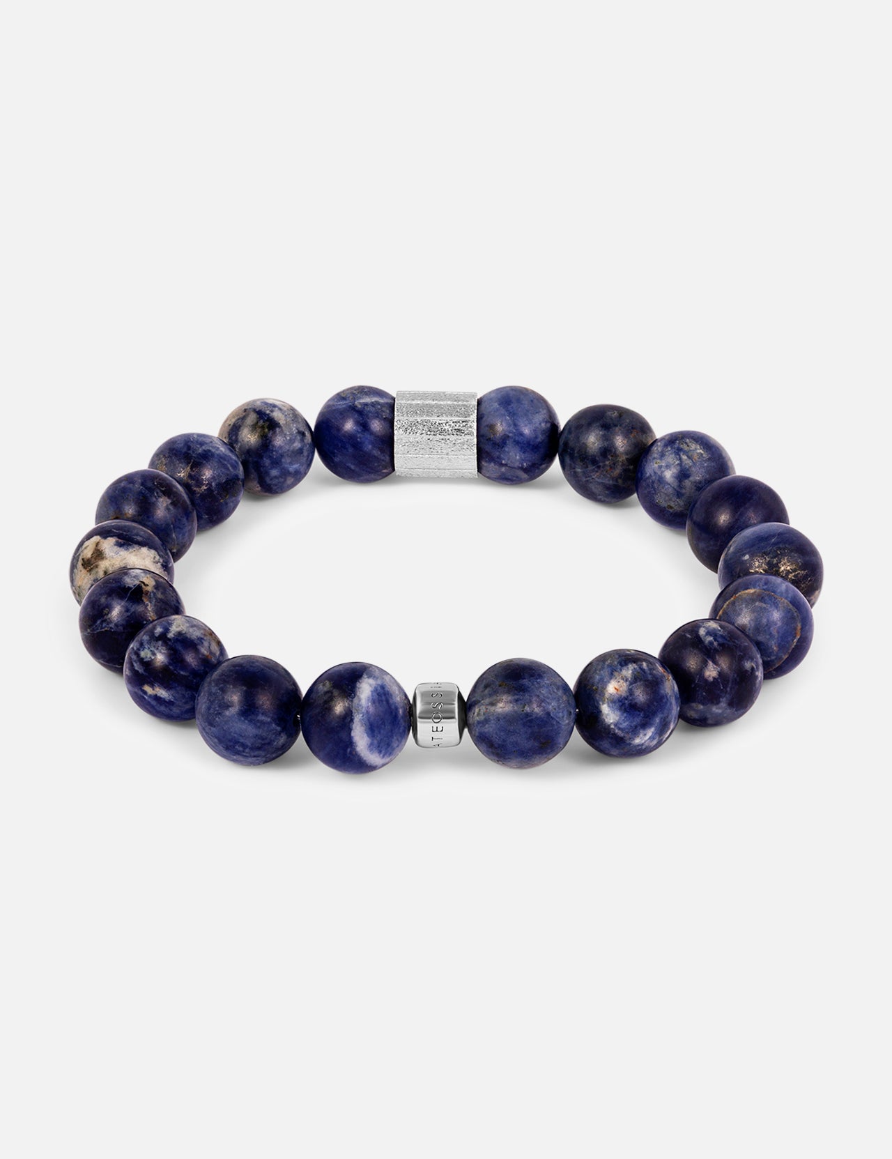 The Maxi Pop Beaded Sodalite Bracelet by TATEOSSIAN features round, marbled dark blue sodalite beads with a rhodium-plated sterling silver cylindrical accent and clasp, shown on a plain white background.