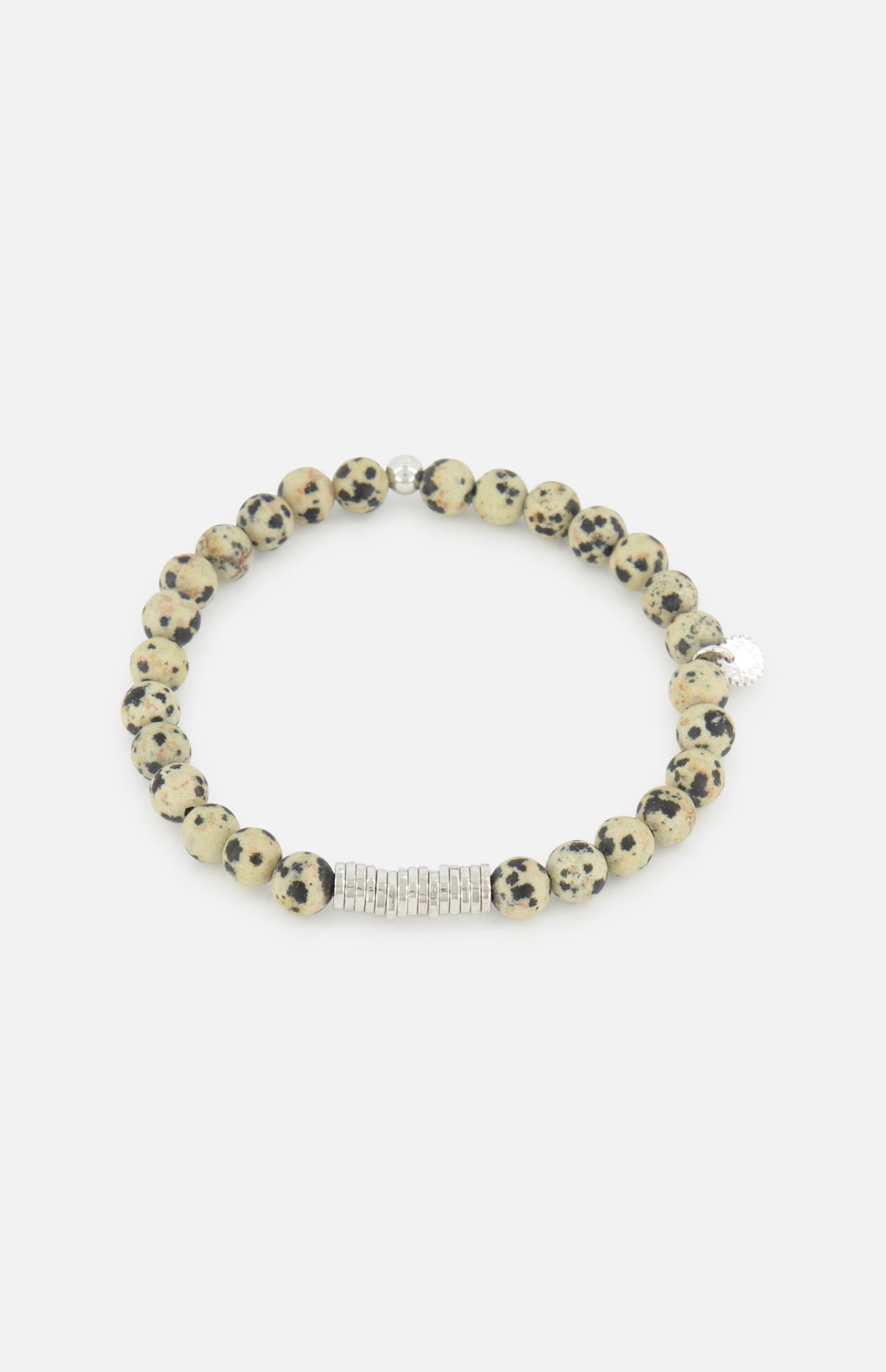 The TATEOSSIAN Classic Discs Dalmatian Jasper Bracelet features round beige and black spotted stones with a silver rectangular accent, showcased on a plain white background.