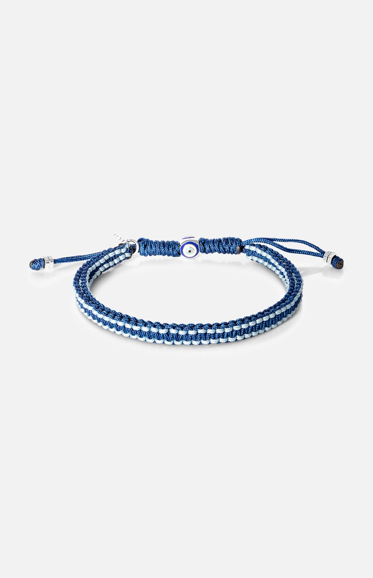 Tateossian Evil Eye Macrame Bracelet in blue and white with an adjustable sliding clasp.