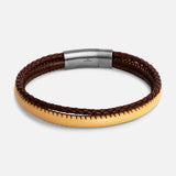 Tateossian Oblong Click Multi-Stitch Pelle Bracelet featuring a double-strand genuine leather design with one braided dark brown cord, one smooth tan cord, and a brushed sterling silver cylindrical clasp.