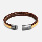 Tateossian Oblong Click Multi-Stitch Pelle Bracelet featuring a double-strand design with one braided brown leather cord, one smooth tan leather cord, and a sterling silver clasp.