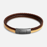 Tateossian Oblong Click Multi-Stitch Pelle Bracelet featuring one braided dark brown leather cord and one smooth light tan cord, connected by a rectangular gunmetal clasp.
