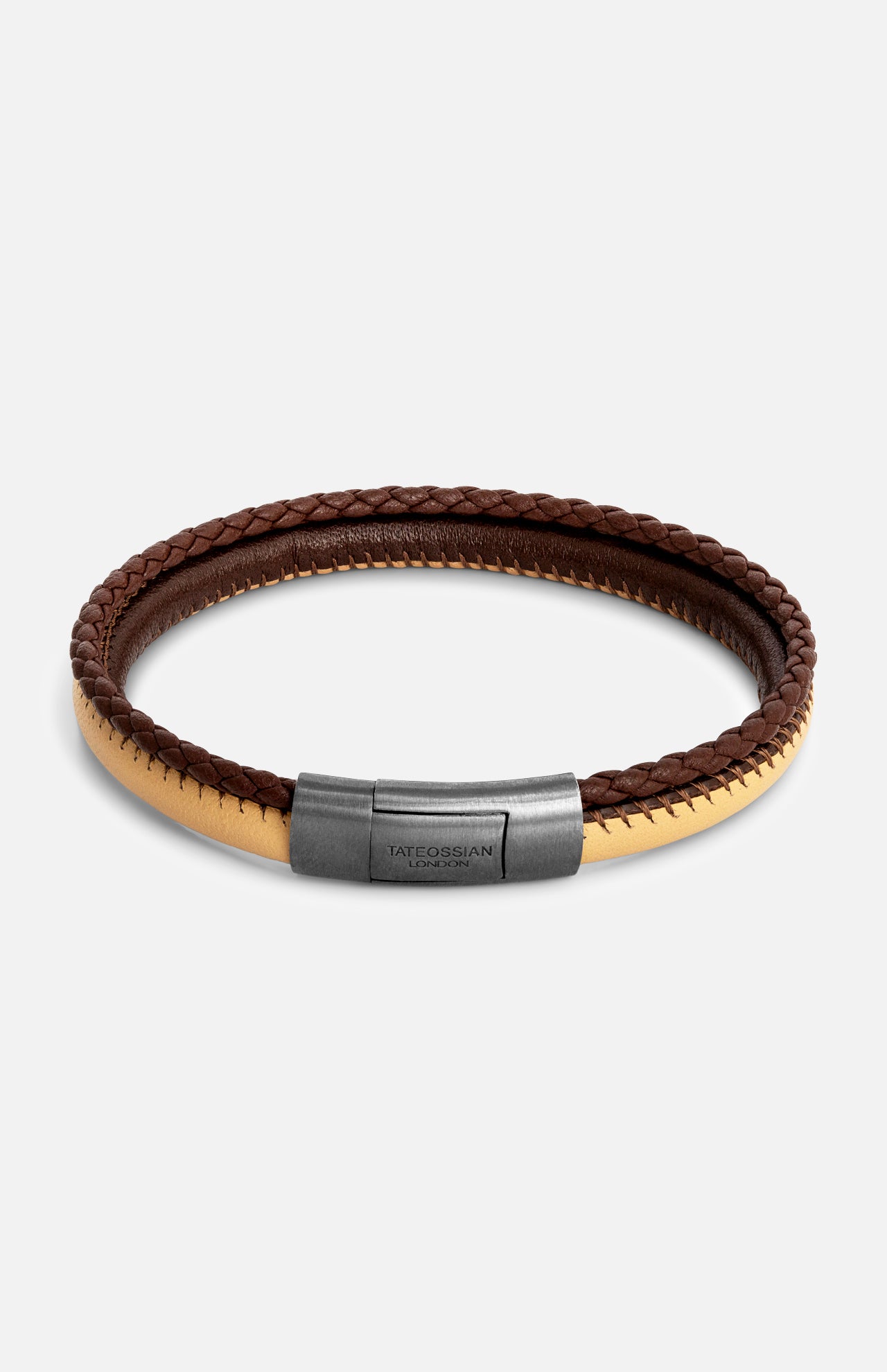 Tateossian Oblong Click Multi-Stitch Pelle Bracelet featuring one braided dark brown leather cord and one smooth light tan cord, connected by a rectangular gunmetal clasp.