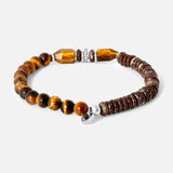 Tateossian Totem Disc Bracelet featuring beaded tiger eye stones in brown and gold, dark wood discs, silver-tone metal spacers, and a small circular charm.