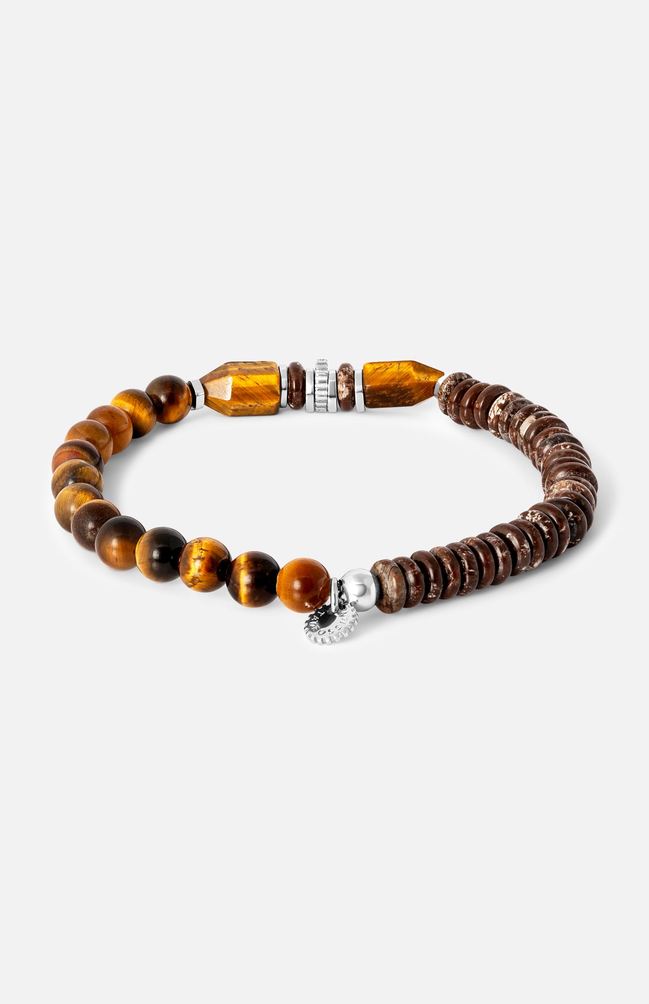 Tateossian Totem Disc Bracelet featuring beaded tiger eye stones in brown and gold, dark wood discs, silver-tone metal spacers, and a small circular charm.