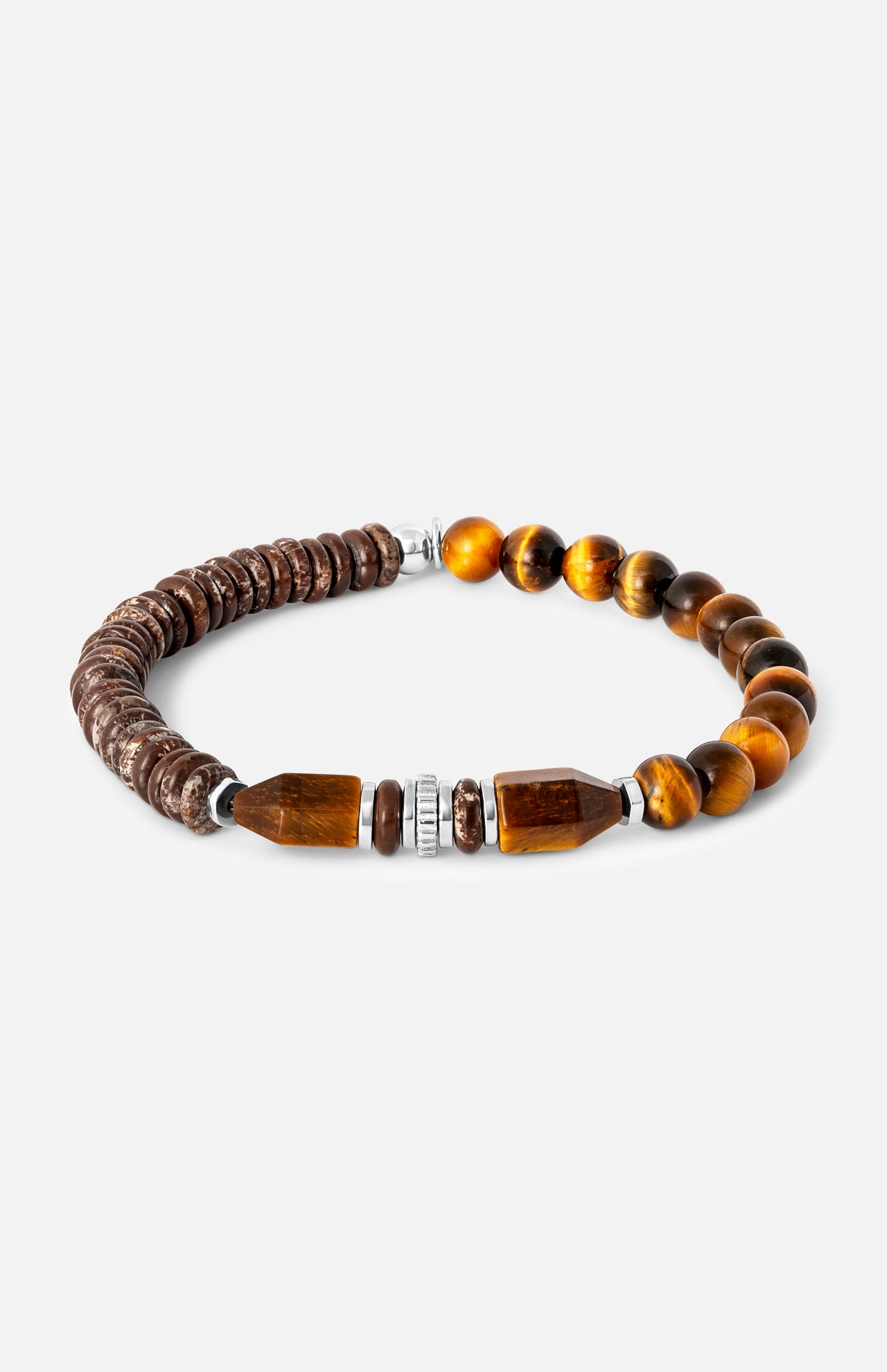 Tateossian Totem Disc Bracelet featuring a row of dark brown obsidian textured discs, two geometric tiger eye beads, a central ridged silver-tone spacer, and a string of round tiger eye beads.