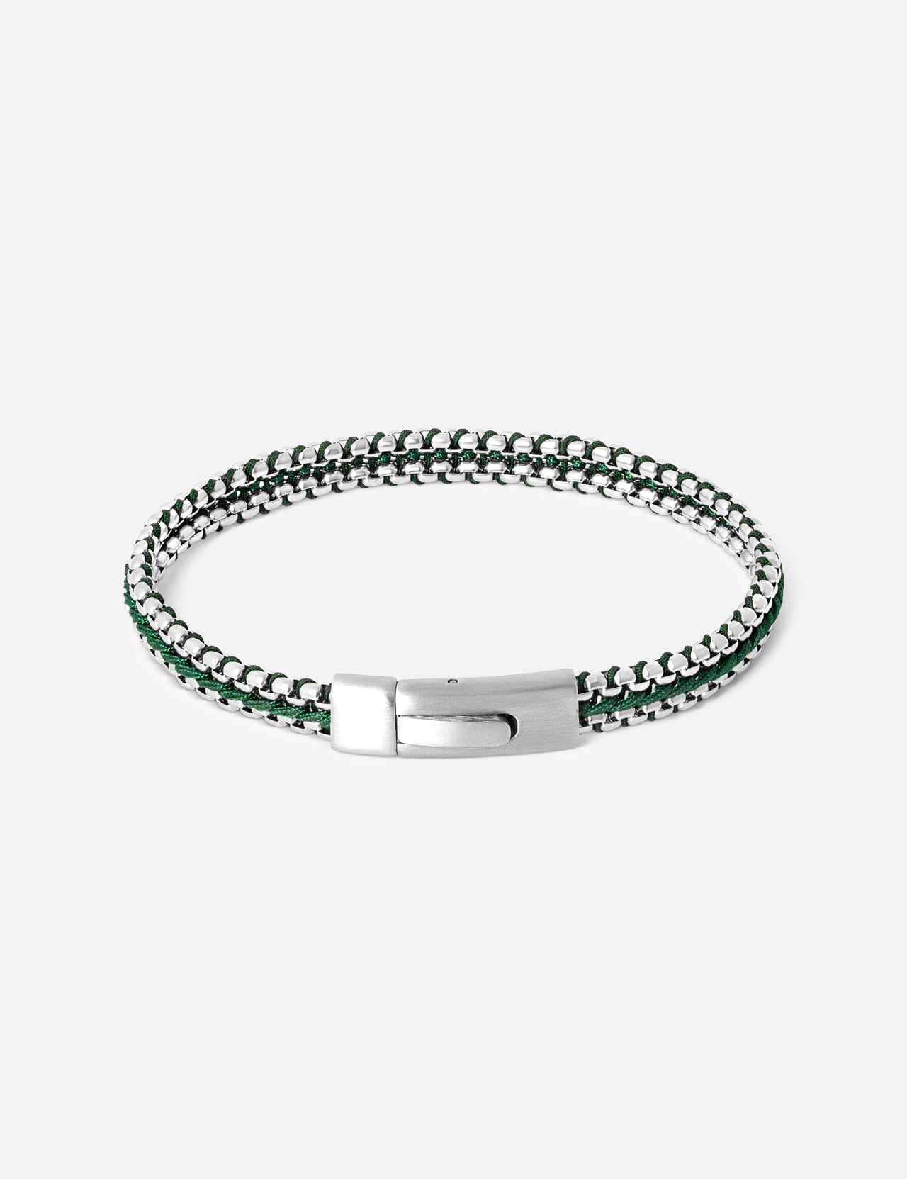 The TATEOSSIAN Tris Button Bracelet features a silver and green braided design with a sleek metallic clasp, shown on a white background—a perfect men's accessory for stylish everyday wear.