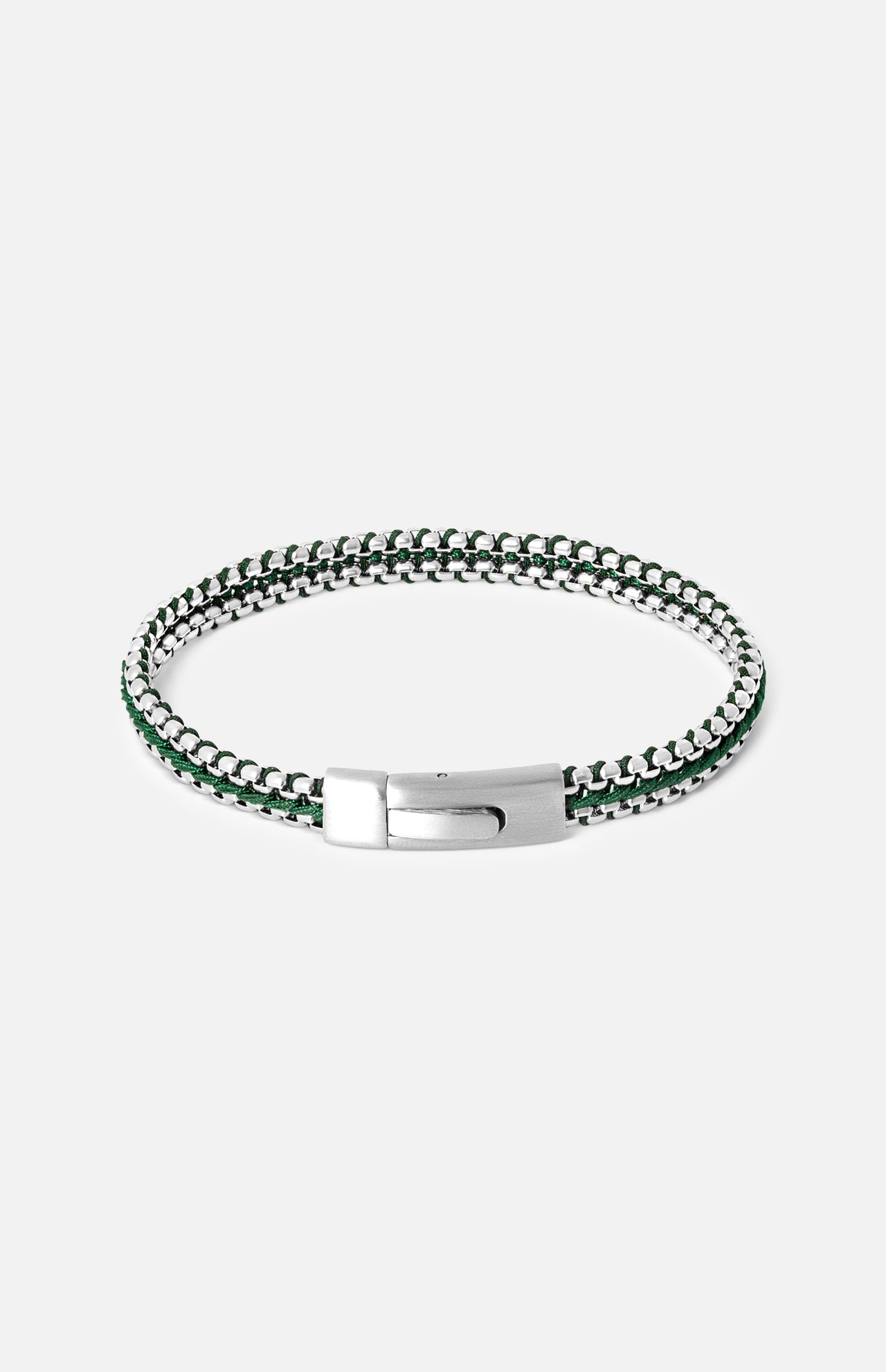 The TATEOSSIAN Tris Button Bracelet features a silver and green braided design with a sleek metallic clasp, shown on a white background—a perfect men's accessory for stylish everyday wear.
